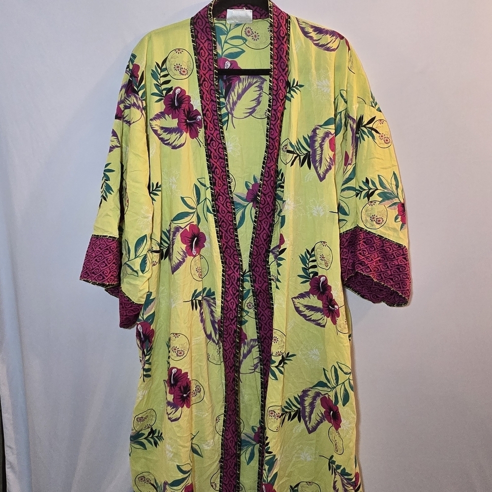 Soft Surroundings Vintage Colorful Boho Floral Print Open Front Kimono, One Size